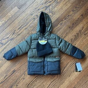 Extreme Kids Boy Stylish Olive and Black Kids Puffer Jacket with Beanie